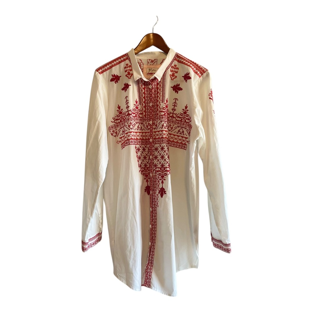 Johnny Was Biya White Red Embroidered Button Down Tunic Blouse XL